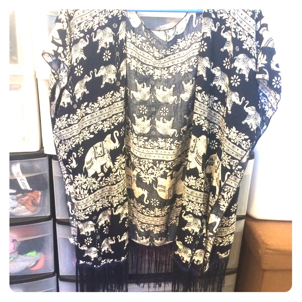 OS Navy and White Elephant Poncho w Tassles